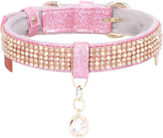 Premium Bling Rhinestone Cat & Dog Collar - Adjustable PU Leather with Pendant for Small to Medium Pets - Stylish Medium Pink Design