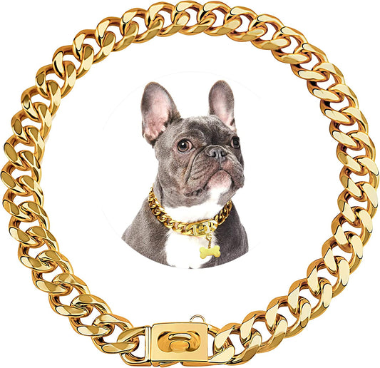 Luxury Gold Stainless Steel Dog Chain Collar - Heavy Duty Chew Proof Cuban Link Necklace for Medium & Large Dogs (16 Inch)