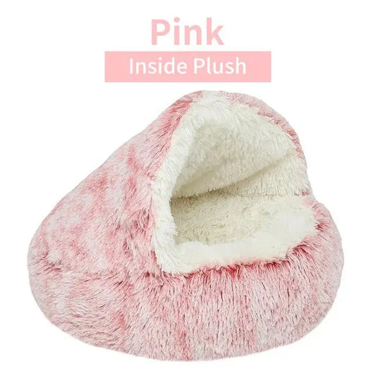 Cozy 2-in-1 Plush Hooded Pet Bed - Fluffy Round Cushion for Cats and Small Dogs